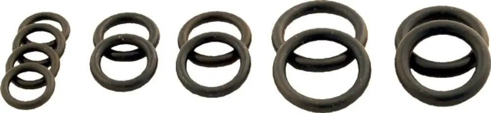 O-Ringe in verschiedenen Größen, hergestellt von Wolf, angeordnet in Gruppen auf einem weißen Hintergrund. Dienen als Dichtungen in hydraulischen Anwendungen.